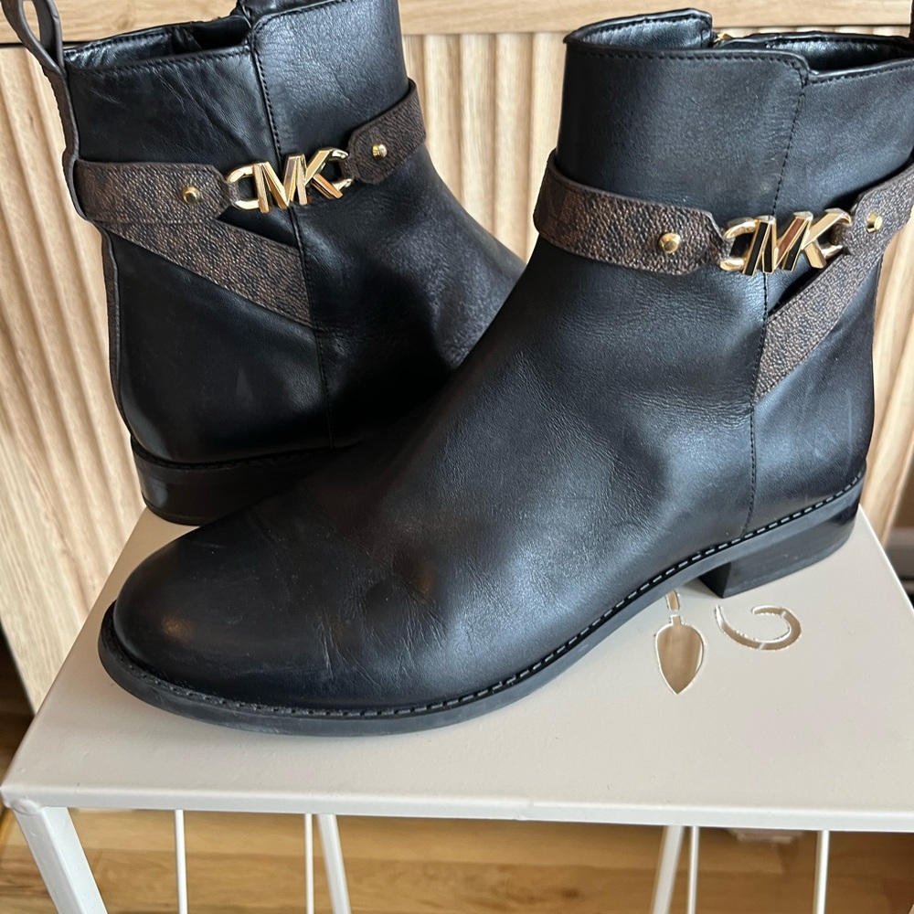 Michael Kors Black Leather Ankle Booties with Gold MK Hardware